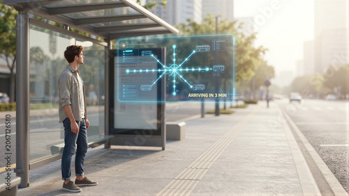 A man waits at a futuristic bus stop with holographic transit info.
