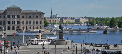 Photography Stockholm -Europe a high view to the statue of King Gustav III and the scenic river backdrop