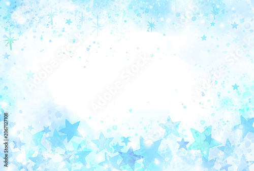Light blue watercolor starry sky background with copy space in the center. Star frame and border design for summer Tanabata, winter Christmas, cosmic galaxy night sky. Simple pastel gradient wallpaper