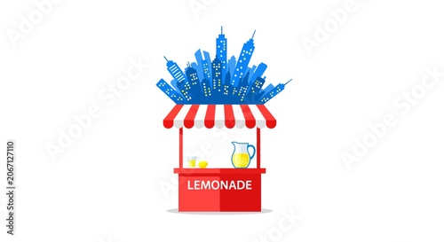 Creative illustration of a lemonade stand with a city skyline silhouette emerging from the top, symbolizing urban business and entrepreneurship.