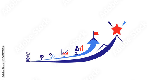 Business growth and success concept: upward arrow graph showing progress towards a star on a mountain peak.