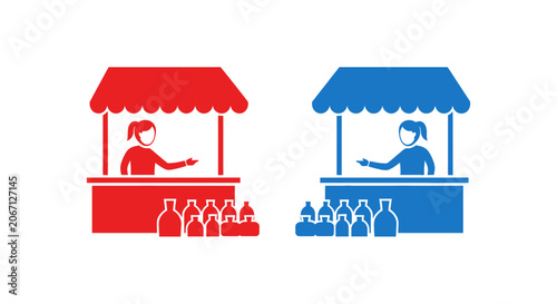 Two colorful market stalls, one red and one blue, with vendors selling drinks against a white background