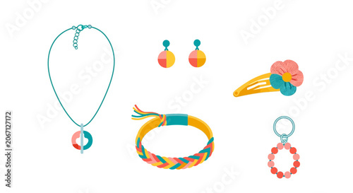 Collection of colorful handmade accessories for girls: necklace, earrings, bracelet, hair clip, and keychain