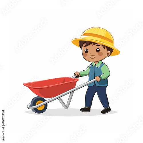 Cartoon boy pushing a red wheelbarrow