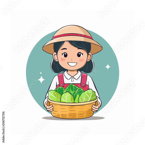 Cartoon girl holding basket of cabbage