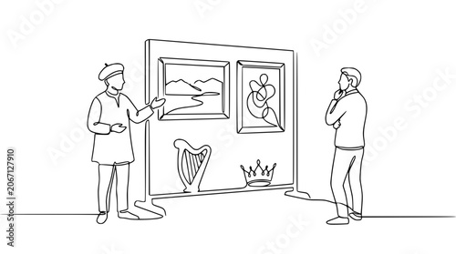 Artist presents artwork to visitor in minimalist gallery exhibition, single line drawing