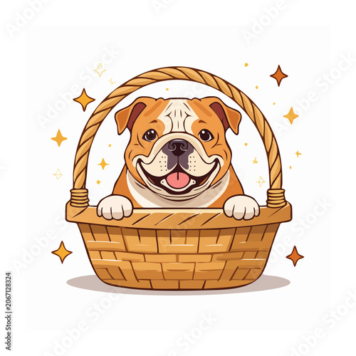 Smiling bulldog in a wicker basket illustration