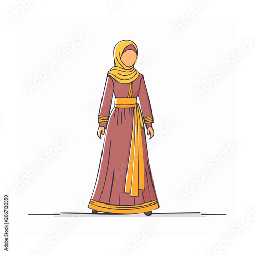 Woman in traditional long dress and hijab illustration