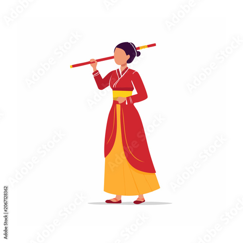 Woman in traditional red and yellow kimono holding a fan