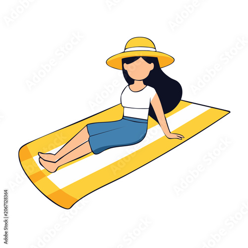 Woman relaxing on striped beach towel in flat design