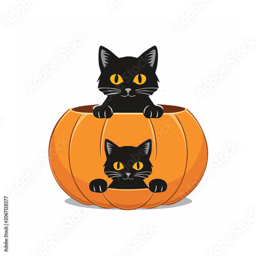 Black Cats Peeking from Halloween Pumpkin Illustration