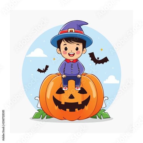 Cartoon child in witch costume sitting on carved pumpkin