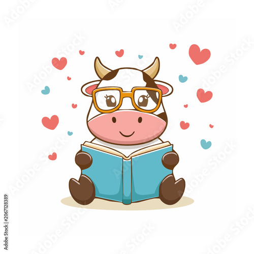 Cartoon cow reading a book with glasses and hearts