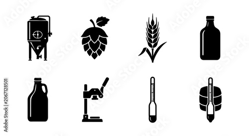 Konstfotografi Brewing Icons Set: Fermentation Tank, Hop, Wheat, Bottles, Growler, Capper, Hydr