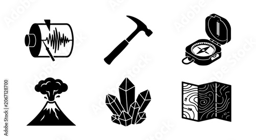 Принти на полотні Geology Icons Set: Seismograph, Hammer, Compass, Volcano, Crystals, Map