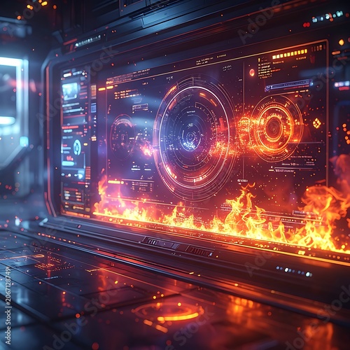 A futuristic computer screen with fiery interface and neon lights