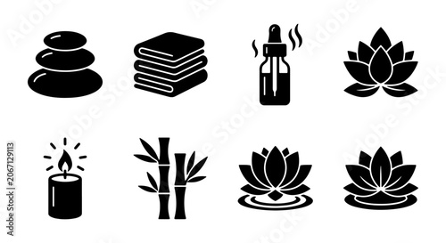 Canvas Print Spa and Wellness Icons: Hot Stones, Lotus Flowers, Bamboo, Candle, Essential Oil