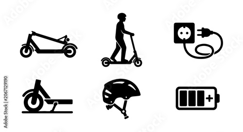 Electric Scooter Icons, Personal Mobility Vector Set, Urban Transport Symbols, Charging and Safety Elements