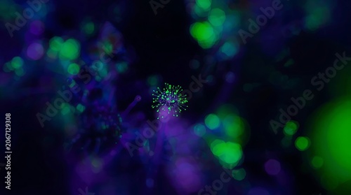 Abstract Green and Purple Bokeh Lights on Dark Background.