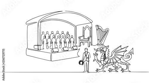 Welsh Culture Performance: Choir, Harp, Dragon, and Dignitary on Stage