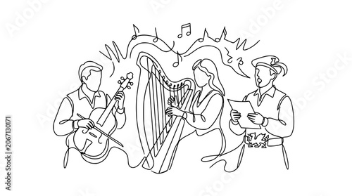Musicians Playing Harp, Violin, and Singing with Musical Notes - Line Art