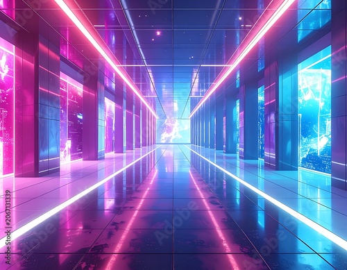 A futuristic corridor with neon lights and reflective floors (1)
