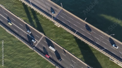 Aerial View of Pedro Ivo Campos and Colombo Salles Bridges with City Traffic and Ocean Coastline in Florianopolis Santa Catarina Brazil