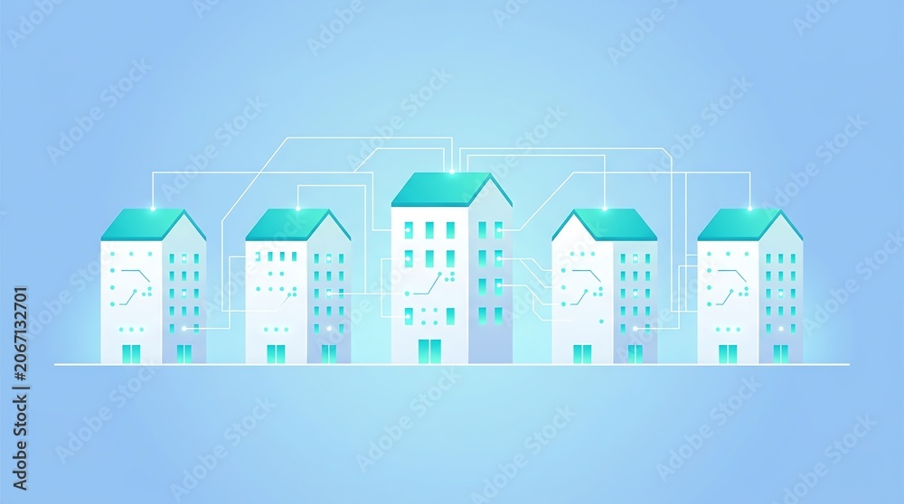 Fototapeta premium Five Stylized Office Buildings Connected in a Digital Network Architecture Concept