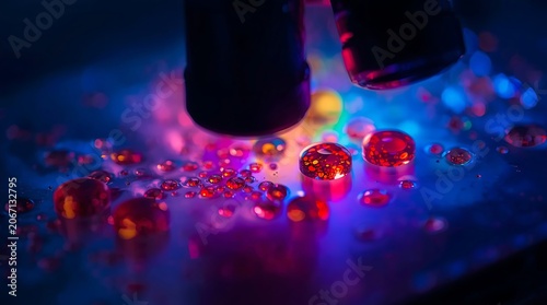 Vibrant Abstract Water Droplets with Neon Light Reflections on Dark Surface.