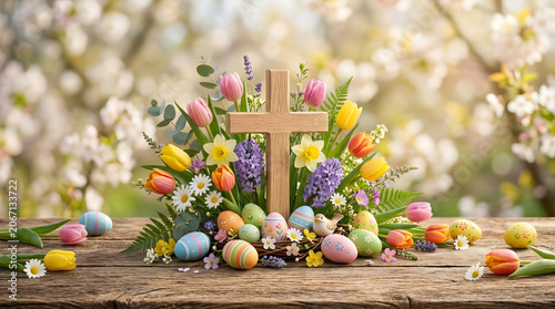 Easter, Celebration, Easter Christian background with cross, colorful eggs and flowers with space for text