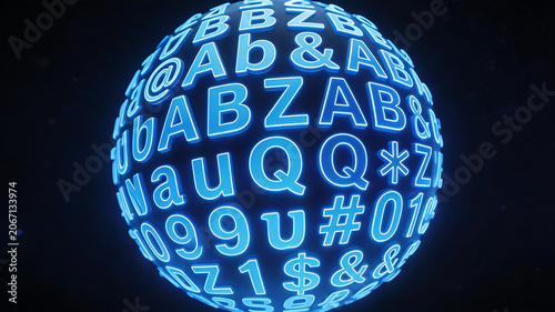 Blue glowing sphere with letters and symbols