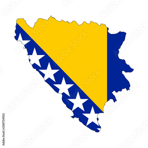Photos Map of Bosnia and Herzegovina filled with the national flag design, featuring blue and yellow colors with white stars, representing national identity, Balkan geography, and symbolic illustration