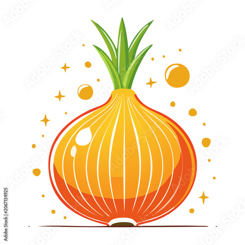 Flat Design Illustration of an Onion with Green Leaves