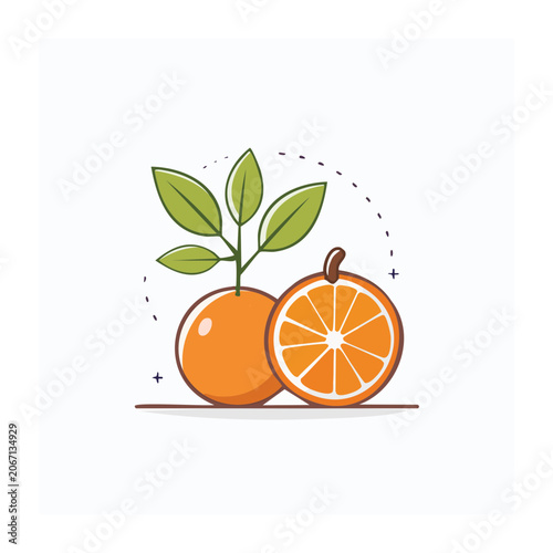 Flat Design Illustration of Orange and Slice with Leaves