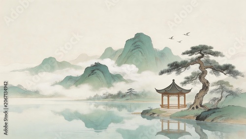 Traditional Chinese landscape painting featuring misty mountains, calm lake water reflection, ancient pine tree, and wooden pavilion with flying birds in serene nature.