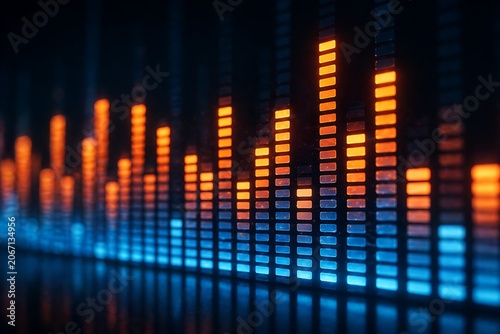 Abstract digital audio equalizer background with glowing light bars
