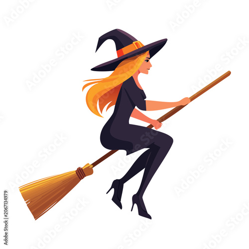 Flat vector illustration of a witch flying on a broomstick
