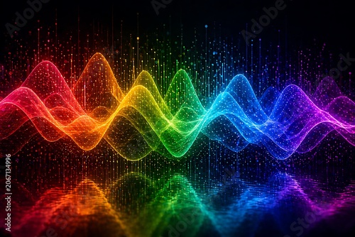 Abstract colorful sound wave visualization with digital particles