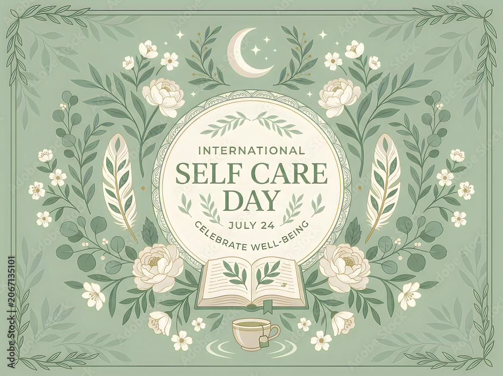 Fototapeta premium International self care day illustration floral wreath with book and tea for wellbeing