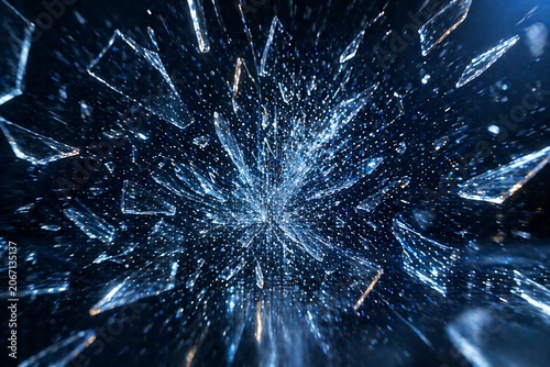 Abstract background of shattered glass shards exploding in dark space