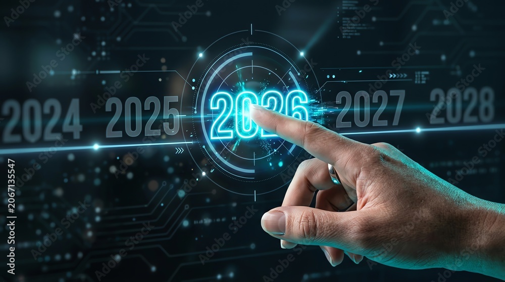 Obraz premium Hand touching digital screen selecting year 2026 on futuristic timeline