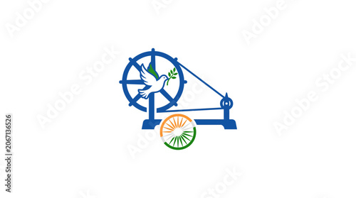 Bild auf Leinwand Gandhi's Spinning Wheel (Charkha) with Dove and Ashoka Chakra