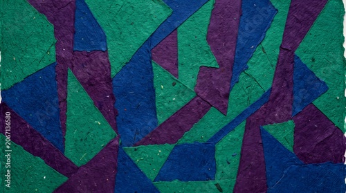 Abstract geometric mosaic pattern created from handmade textured paper, featuring shades of green and blue