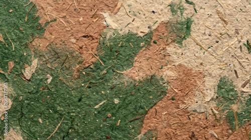 Handmade Recycled Paper Texture with Earthy Green and Beige Organic Fiber Pattern for Sustainable Design Backgrounds