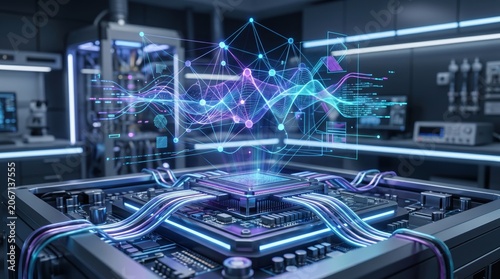 Futuristic artificial intelligence processor chip with glowing holographic data visualization. Advanced quantum computing technology