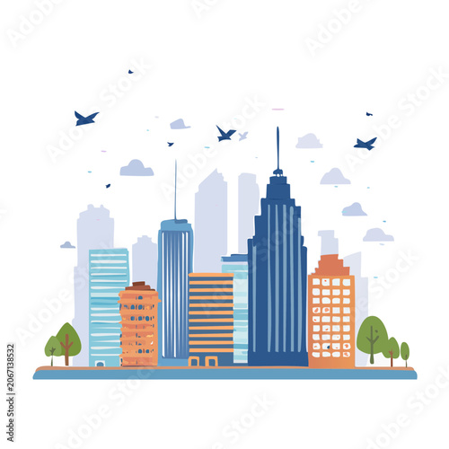 Flat design city skyline with skyscrapers and birds