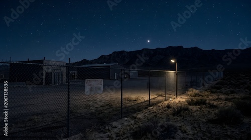 A serene nighttime scene of Nature  Travel with a fenced area and illuminated  Street  Sports Technology capturing Emotions and  Business under Culture under the Technology  Architecture