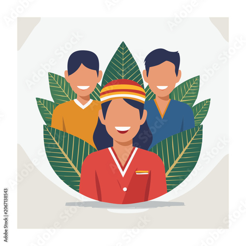 Flat design illustration of a group of people with palm leaves