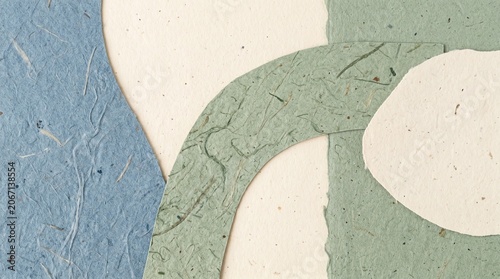 Abstract Handcrafted Collage Featuring Textured Paper Layers in Pastel Blue Sage Green and Cream White Earth Tones