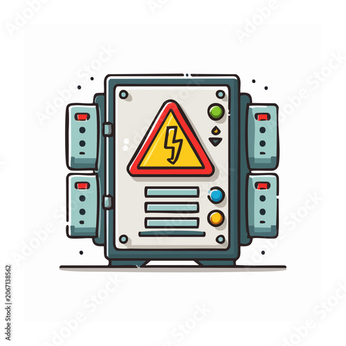 Flat design illustration of an electrical control panel with warning